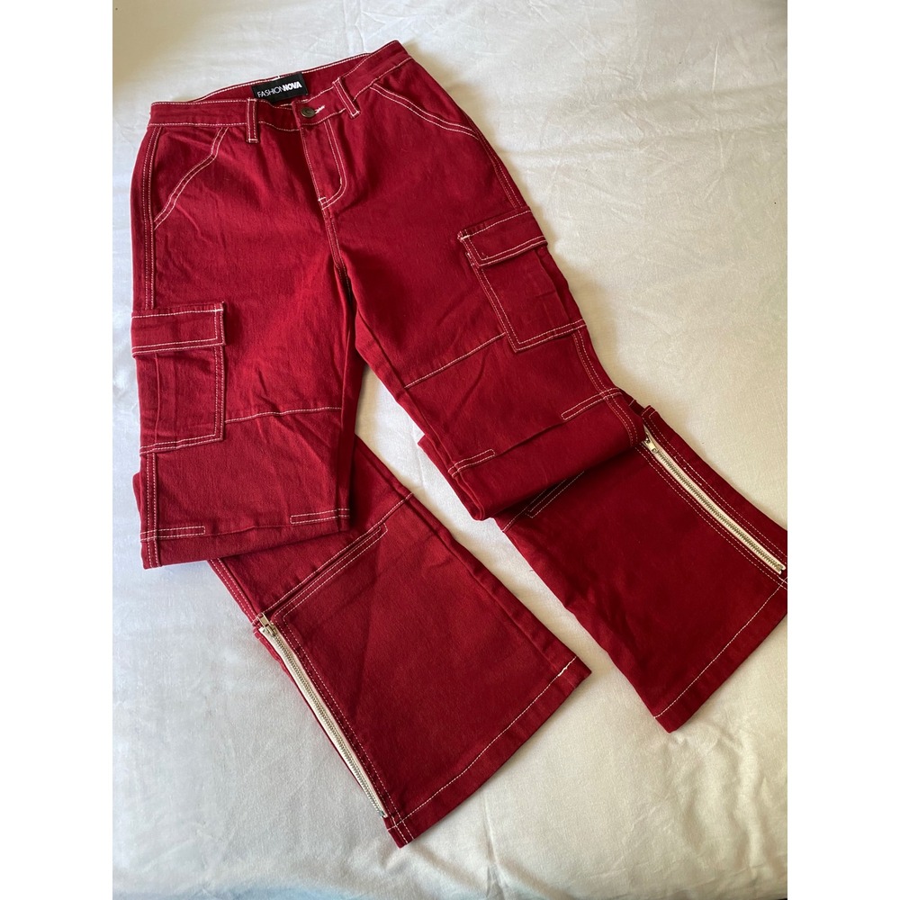 Fashion Nova Red Cargo Pants White Contrast Stitch Zipper Hem Utility Streetwear